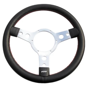 Mountney Traditional 13" 3 Spoke Semi-Dished Black Leather Steering Wheel With Red Stitching & Polished Centre